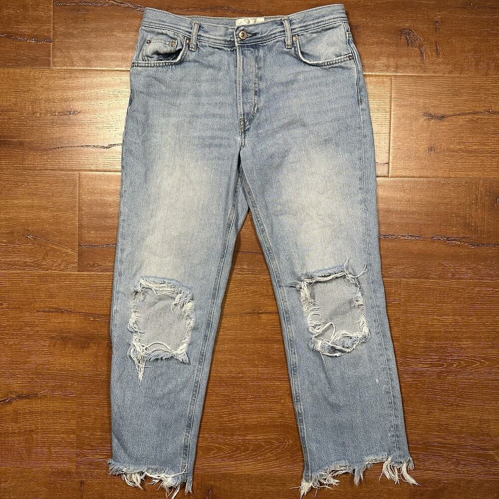 We The Free Jeans Women 30x26 Blue Light Wash Button Fly Ankle Knee Fray Raw Hem